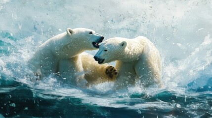 A pair of polar bears playing together on an icy Arctic landscape, surrounded by snow.