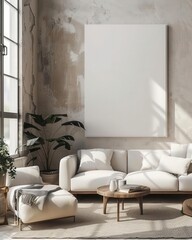 Modern lounge area with large blank canvas and minimalist decor, modern lounge, contemporary living