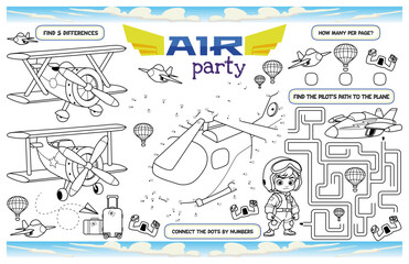 Festive placemat for children. Printable "Air party" activity sheet on the theme of airplanes with a maze, dot to dot game, and find differences. 17x11 inch printable vector file