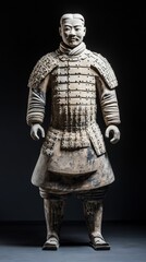 a full-body Terracotta Army soldier with distinct single eyelids, emphasizing intricate armor details and standing upright, showcasing sharp focus on facial features, textures, and the artistry