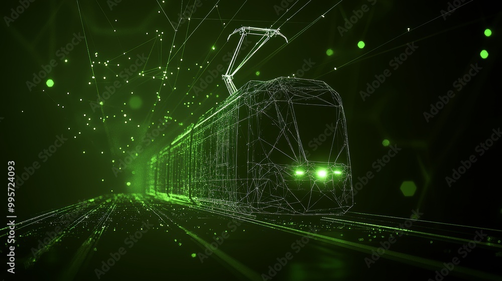 Poster digital tram on network background abstract transportation or public transit concept.