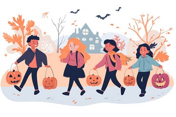 Fototapeta premium Diverse Group of Kids Trick or Treating on Halloween Night.