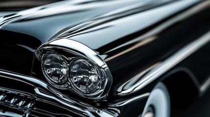 Close-up shot of the headlights and fender of a classic black car, showcasing the chrome details and the shiny paint.
