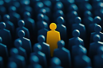 Obraz premium Bright yellow figure standing out among a crowd of dark blue figures, symbolizing individuality and the celebration of uniqueness in a uniform setting