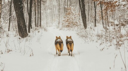 A pair of wolves walking side by side through a snowy forest, with their tracks left behind in the snow.