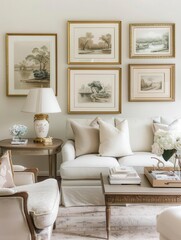 Fototapeta premium Neutral living room with framed art, soft lighting, elegant furniture, neutral home design, art-focused interior