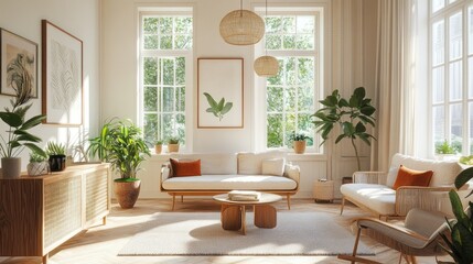 Fototapeta premium A stylish and inviting living room with a white sofa, natural light, and green plants.
