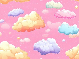 Colorful clouds on a pink background, whimsical and dreamy illustration.
