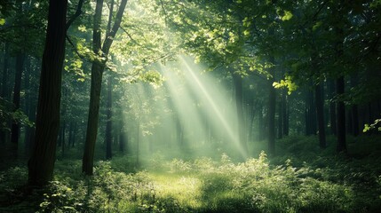 Obraz premium A peaceful forest clearing with soft sunlight filtering through the trees, highlighting the natural beauty.