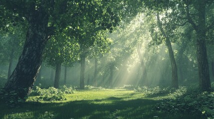 Fototapeta premium A peaceful forest clearing with soft sunlight filtering through the trees, highlighting the natural beauty.