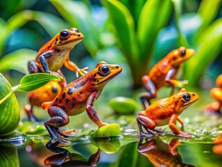 Naklejka premium Small froglets hop playfully across bright green leaves in a rich wetland, enjoying the warmth of a sunny