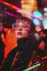 Fototapeta premium Model at Paris Fashion Week featuring experimental dark aesthetic with dramatic lighting, mirror glass reflections, neon bokeh, fine grain texture, and a blend of futuristic elegance
