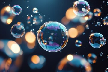 Colorful Soap Bubbles Floating in a Dark Background Illuminated by Soft Light