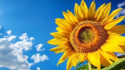 A sunflower glows in the sun, its golden petals bright against a clear blue sky with fluffy clouds.