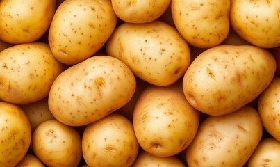 Freshly Harvested Golden Potatoes Arranged Closely Together on a Wooden Surface