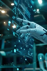 Naklejka premium Expert Utilizing Artificial Intelligence for Advanced Document Analysis and Data Management in a Digital Workspace Depicting Professional Interaction with AI-Powered Tools