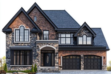 Obraz premium Elegant Brick and Stone House With Modern Design and Two-Car Garage in a Suburban Neighborhood