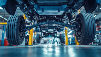 Obraz premium Service station lifts a blue pickup truck to reveal its suspension system and underside