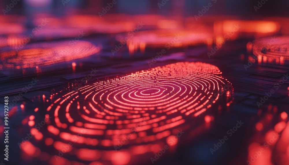 Poster digital fingerprint security glowing red fingerprints on circuit board data protection