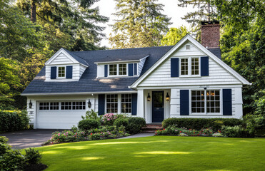 an American-style white bungalow with navy blue shutters, nestled in the middle of a dense green lawn and surrounded by trees. The house has two windows on each side