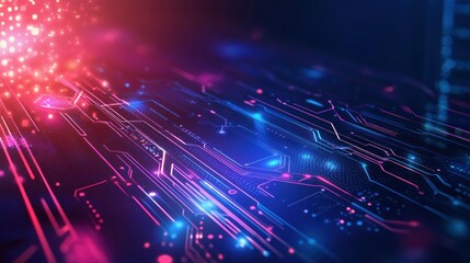 Obraz premium Abstract illustration of digital circuitry with bright blue and red glowing lines and dots, representing data flow.