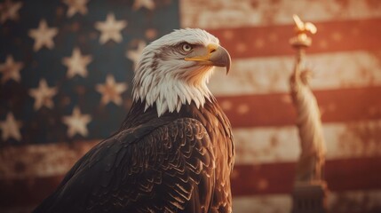 Naklejka premium A majestic eagle stands proudly in front of an American flag, symbolizing freedom and strength.