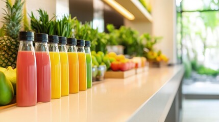 a Juice Bar Featuring Multiple Colored Juices in Glass Bottles with Open Shelf Space and Out-of-Focus Fruits and Green Plants in the Background