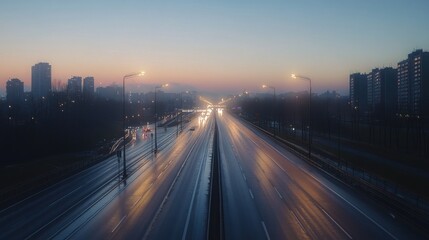 Fototapeta premium A highway stretches into the distance with the city skyline in the background at dawn
