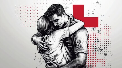 Monochrome dot art illustration for a Red Cross event promo, depicting a soldier’s emotional reunion with family after captivity in a minimalist, dramatic scene, emphasizing heartfelt embrace
