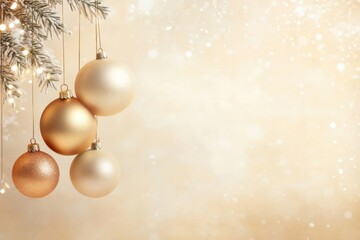 Elegant Christmas ornaments hang against a soft golden background, adding a touch of festive charm to the holiday season.