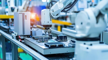Fototapeta premium A modern industrial robot arm assembling electronic components on a production line in a factory setting.