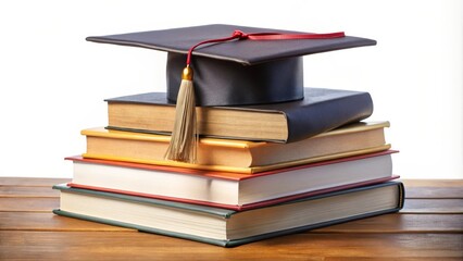 Graduation cap with tassel resting on a stack of colorful books on a wooden surface
