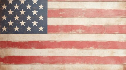 Vintage American flag illustration with faded colors and weathered texture, symbolizing patriotism and history.
