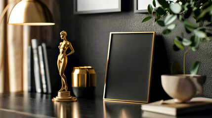 Gold Frame Mockup: A sleek black frame with a subtle gold trim rests on a black table,  surrounded by elegant decor, providing a sophisticated backdrop for your design or artwork.
