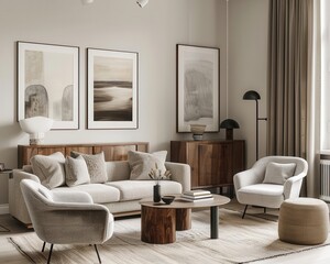 Neutral-toned lounge with framed wall art, modern furniture, neutral modern lounge, calm aesthetic