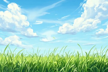 Fototapeta premium Background of a summer landscape with a green grass field and blue sky.