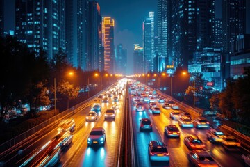 Obraz premium City traffic at night with light trails from cars.