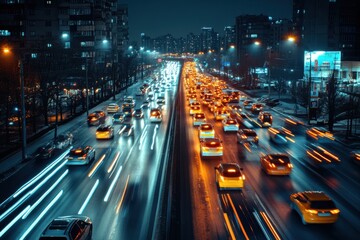 City traffic at night with light trails from cars.