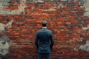 Facing a brick wall concept with business man facing a huge bricks wall. 