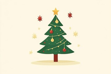 Obraz premium Minimalist Christmas tree illustration with red and gold ornaments set on a beige background with star accents evoking a clean cheerful holiday spirit in a flat vector design