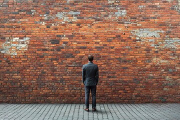 Facing a brick wall concept with business man facing a huge bricks wall. 