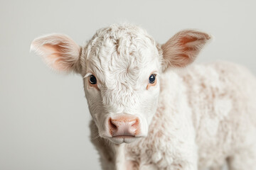 Obraz premium Fluffy White Calf A fluffy white calf standing tall, its textured fur and pink nose highlighting its youth and innocence.