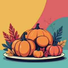 Autumn Pumpkins and Leaves Illustration