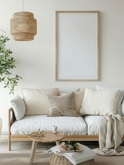 Scandinavian living room with blank white frame, beige tones, wooden furniture, Scandinavian living space, minimalist decor