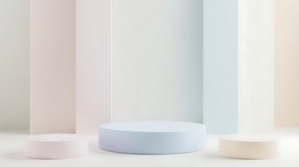 Fototapeta premium Modern Abstract Geometric Stages with Pastel and Neon Lighting for Minimalist Artistic and Futuristic Set Design Featuring Circular Platforms, Soft Shadows, and Vibrant Colors in Contemporary Spaces
