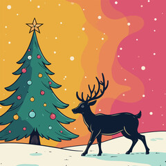 Reindeer and Decorated Christmas Trees