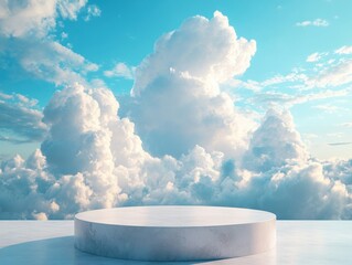 Surreal podium on white floor with blue sky and clouds for products present. 