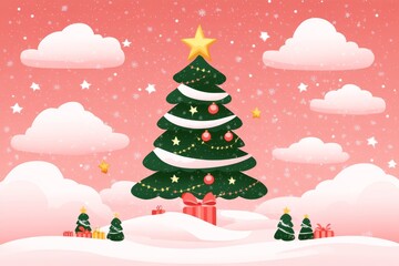 Cute illustrated Christmas tree on a snowy hill surrounded by playful clouds with colorful ornaments and a festive star evoking a whimsical and cheerful holiday spirit