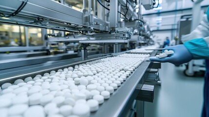 Modern pharmaceutical production line with white tablets being processed in a clean room environment, showcasing efficiency and technology.
