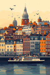 Fototapeta premium Kingston upon Hull, color pen pencil hand-drawn effect drawing illustration for travel poster, card, wallpaper, backdrop or banner. Modern, clear, artistic and simple